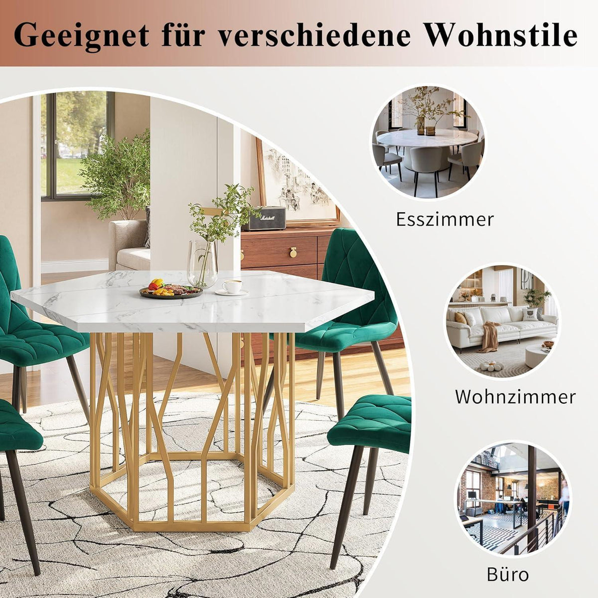 Sechseckiger Esstisch Set Grün + Gold – 5-teilig, 115x100cm