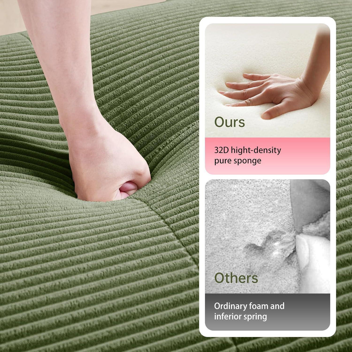Modulares 2-Sitzer Cord Sofa mit Ottomane – Grün