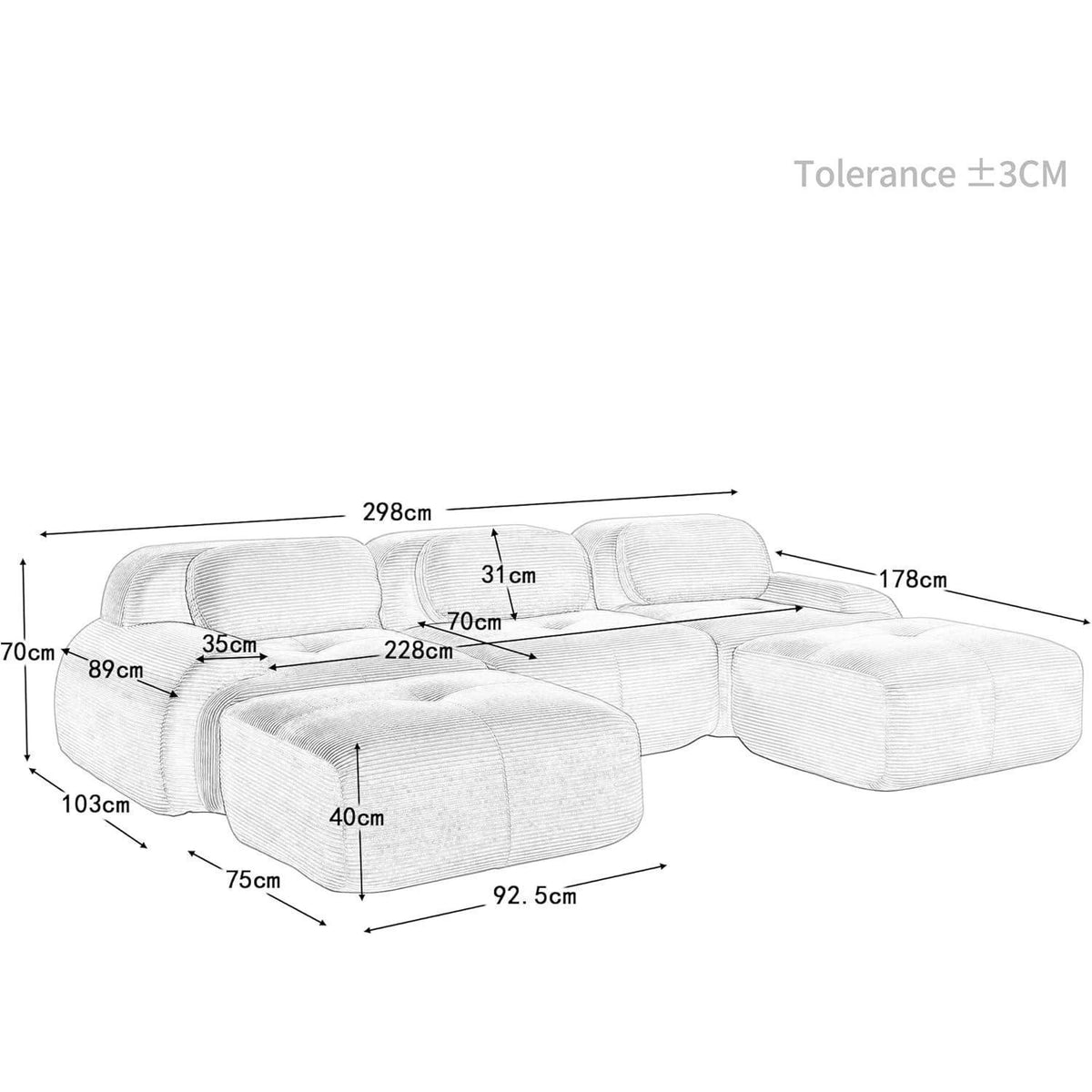 Modulares 3-Sitzer Cord Sofa mit Ottomane – Beige