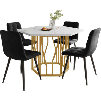 Sechseckiger Esstisch Set Schwarz Gold – 5-teilig, 115x100cm