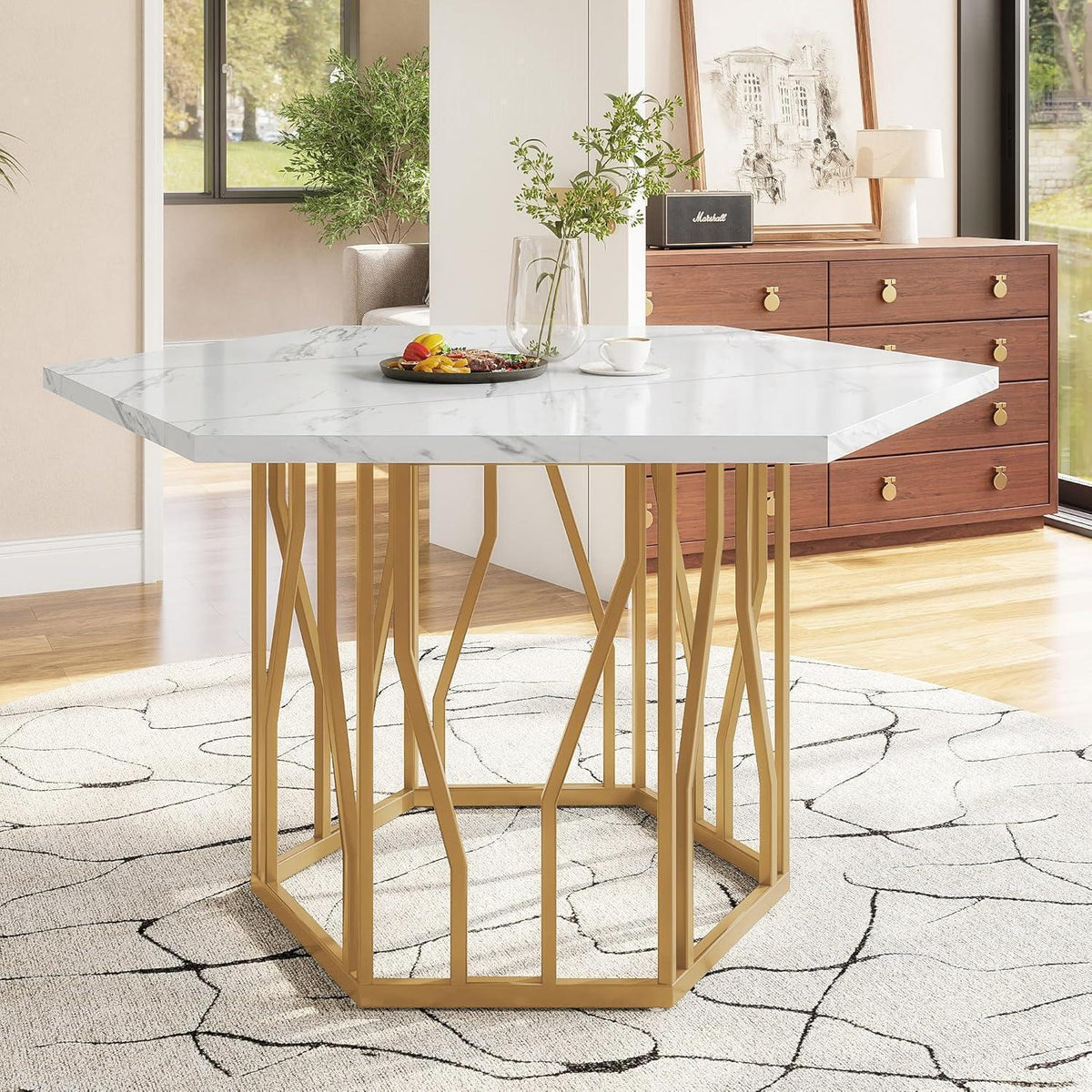 Sechseckiger Esstisch Set Schwarz Gold – 5-teilig, 115x100cm