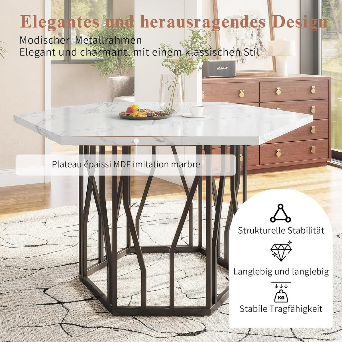 Sechseckiger Esstisch Set Grün Schwarz – 5-teilig, 115x100cm