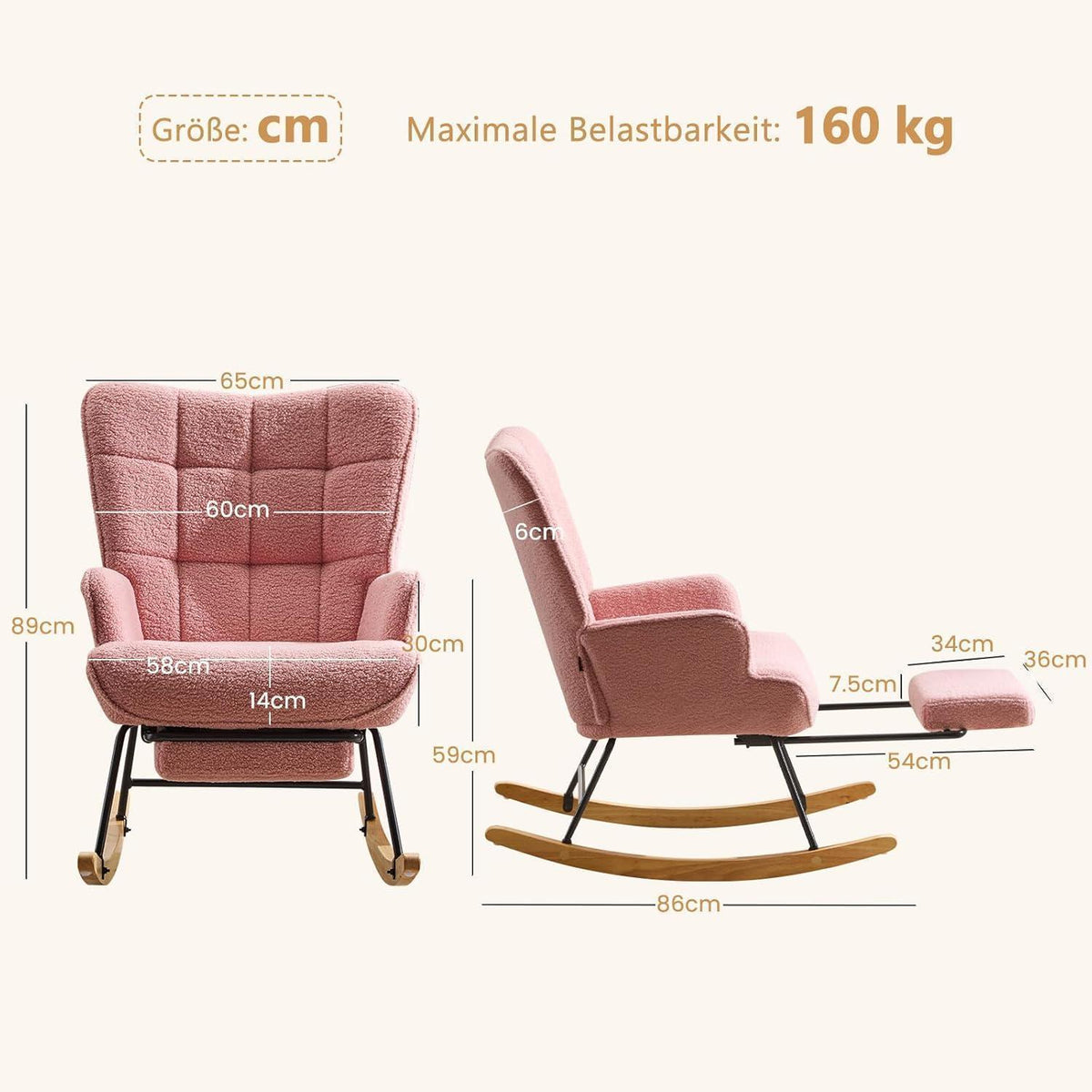 Schaukelstuhl mit Fußstütze – Rosa Relaxsessel mit Holzkufen