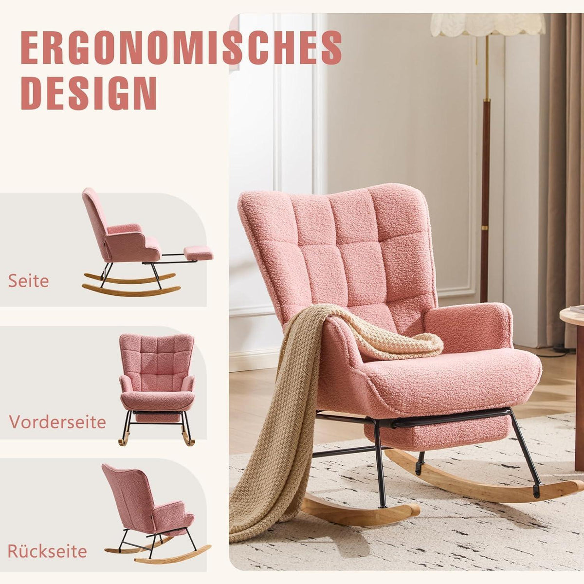 Schaukelstuhl mit Fußstütze – Rosa Relaxsessel mit Holzkufen