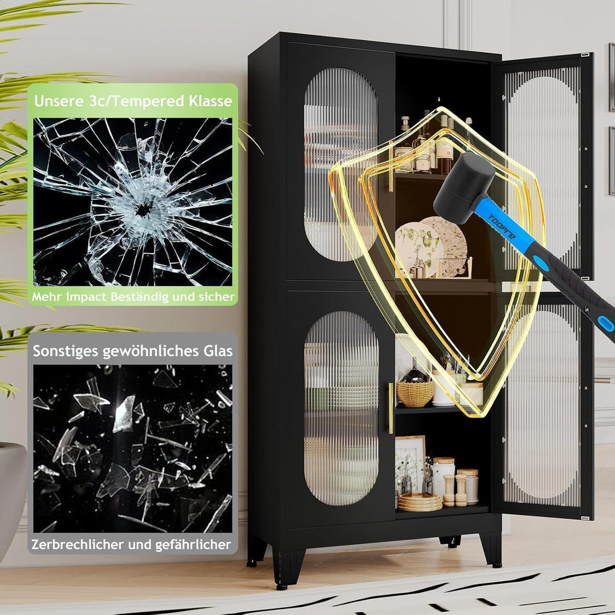 Metallküche Speisekammer Schrank mit Acrylglas & Regalen (Schwarz)