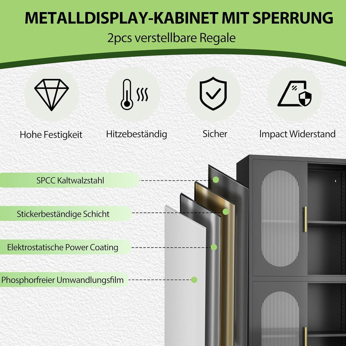 Metallküche Speisekammer Schrank mit Acrylglas & Regalen (Schwarz)