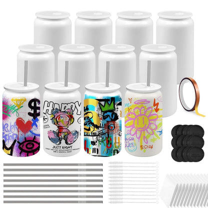 12x Sublimationsbecher 16oz mit Deckel & Strohhalm