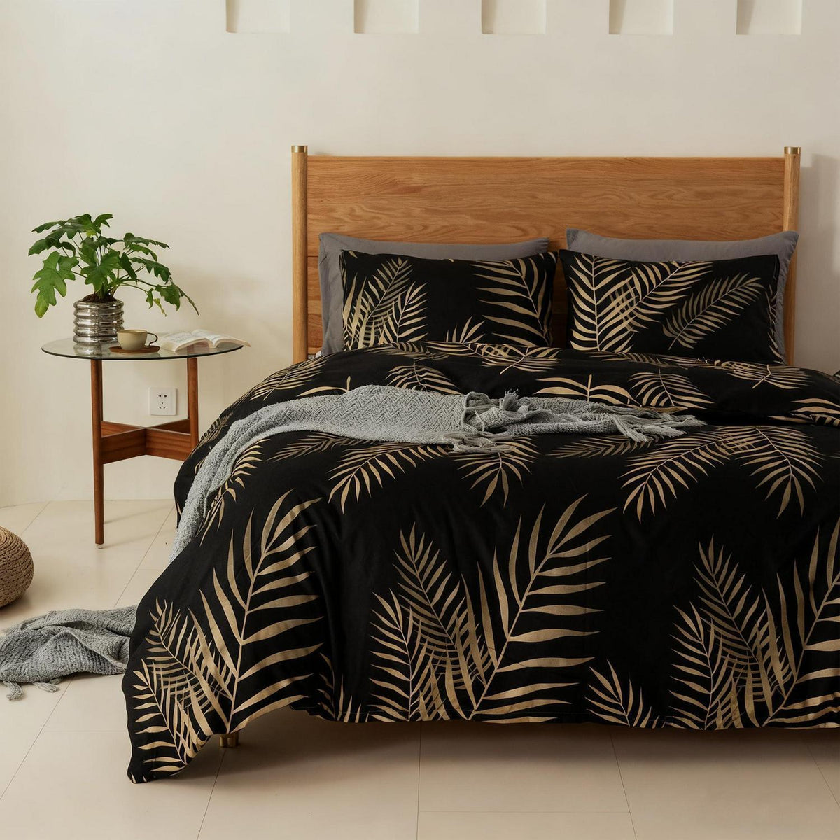 Mikrofaser Bettwäsche-Set 135x200 cm, 4-teilig, Schwarz Blätter