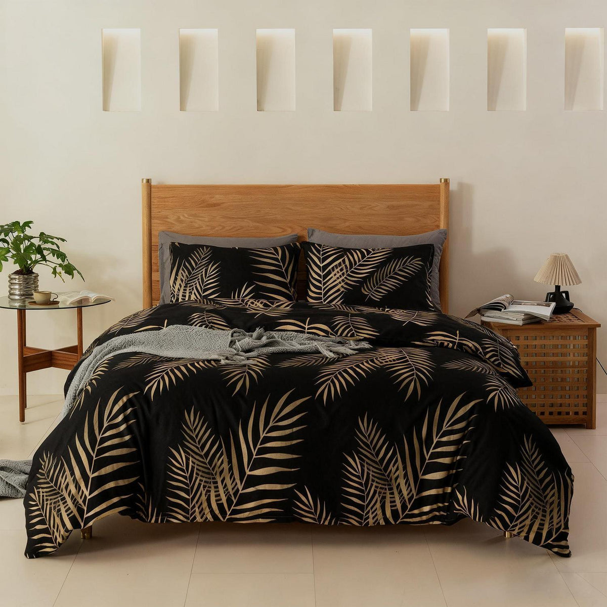 Mikrofaser Bettwäsche-Set 135x200 cm, 4-teilig, Schwarz Blätter