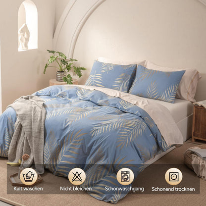 Mikrofaser Bettwäsche Set 135x200 cm Blau Blätter-Design