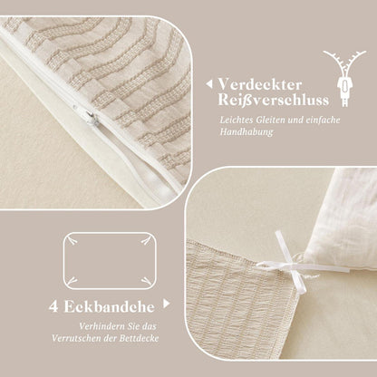 Bettwäsche-Set 135x200 Baumwolle Beige 4tlg. Jacquard & Stone Washed