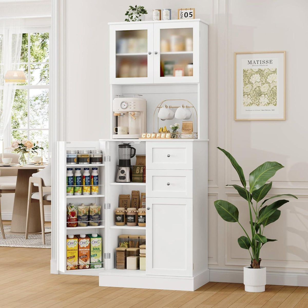 Küchenschrank Weiß mit Glastüren & Arbeitsplatte – Buffetbuffet