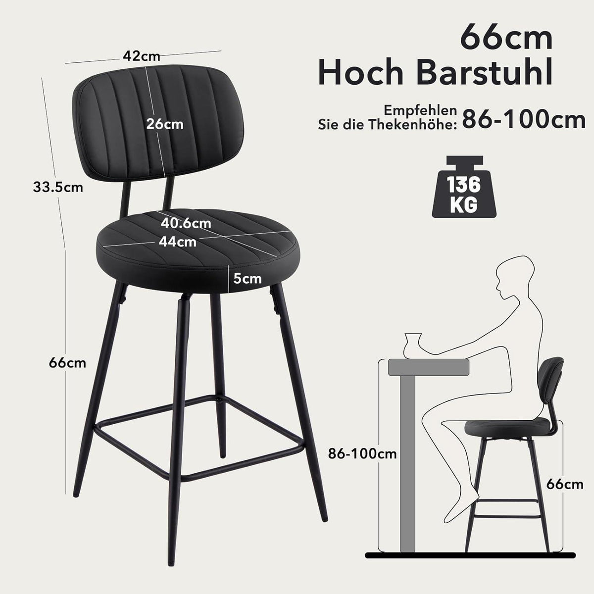 Barhocker Set 4er –, 66cm Sitzhöhe, Schwarz in Lederoptik