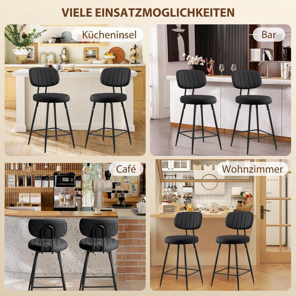 Barhocker Set 4er –, 66cm Sitzhöhe, Schwarz in Lederoptik