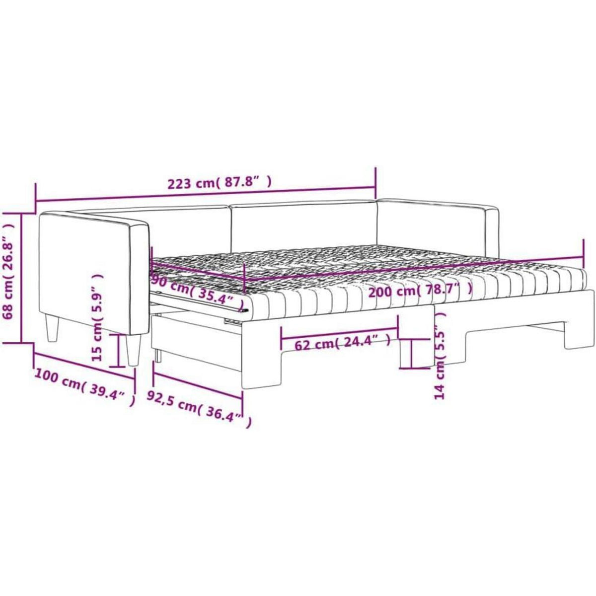 Tagesbett ausziehbar mit Matratze & Bettkasten – Dunkelgrau 90x200 cm