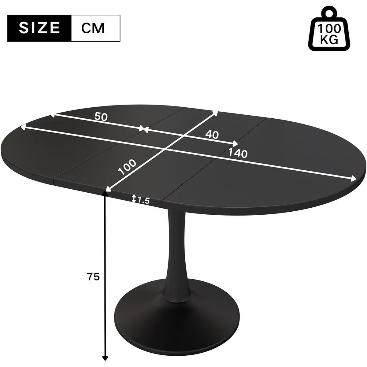 Runder Esstisch Ausziehbar Schwarz – 100/140x100cm