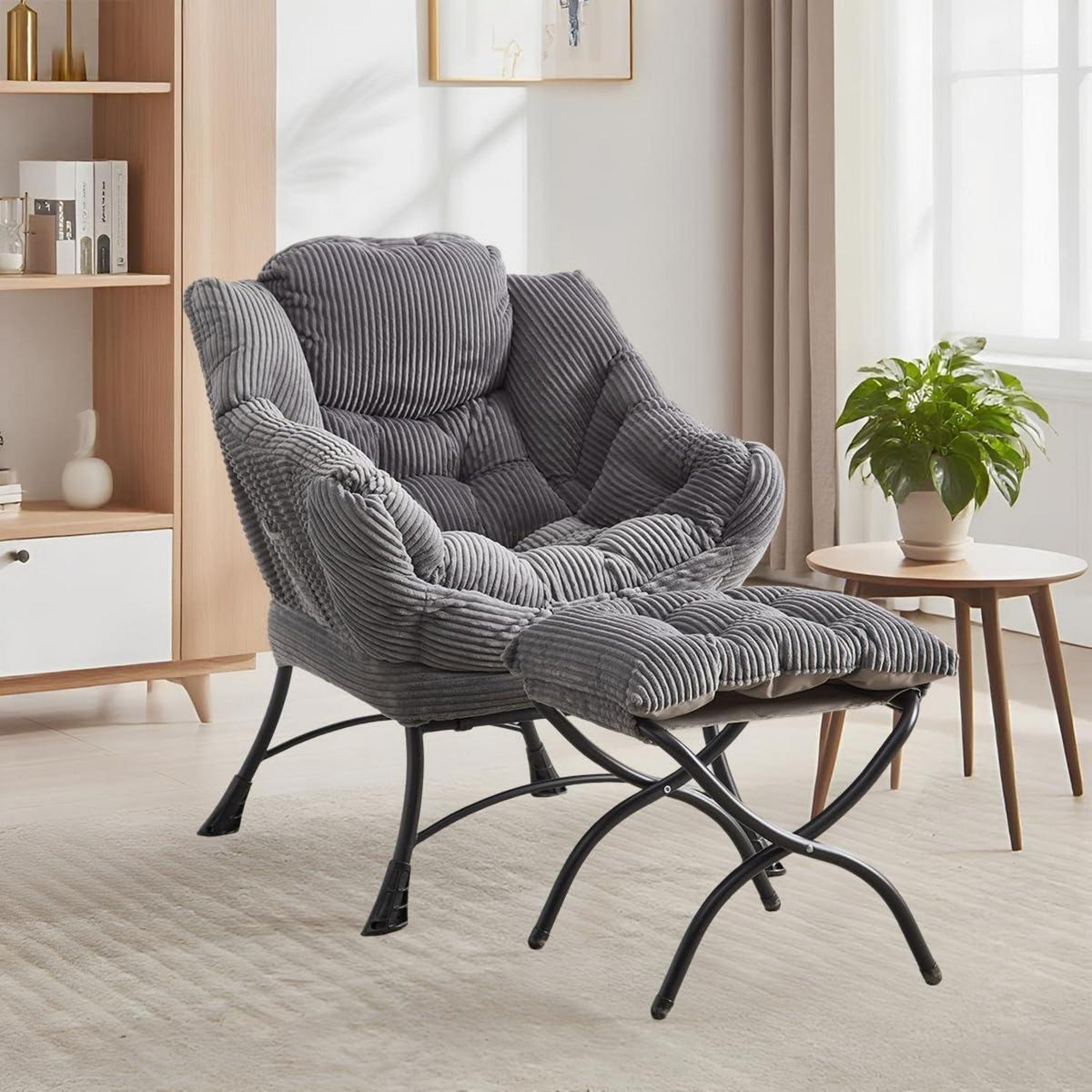 Moderner Ohrensessel mit Hocker & Seitentasche – Cord Grau