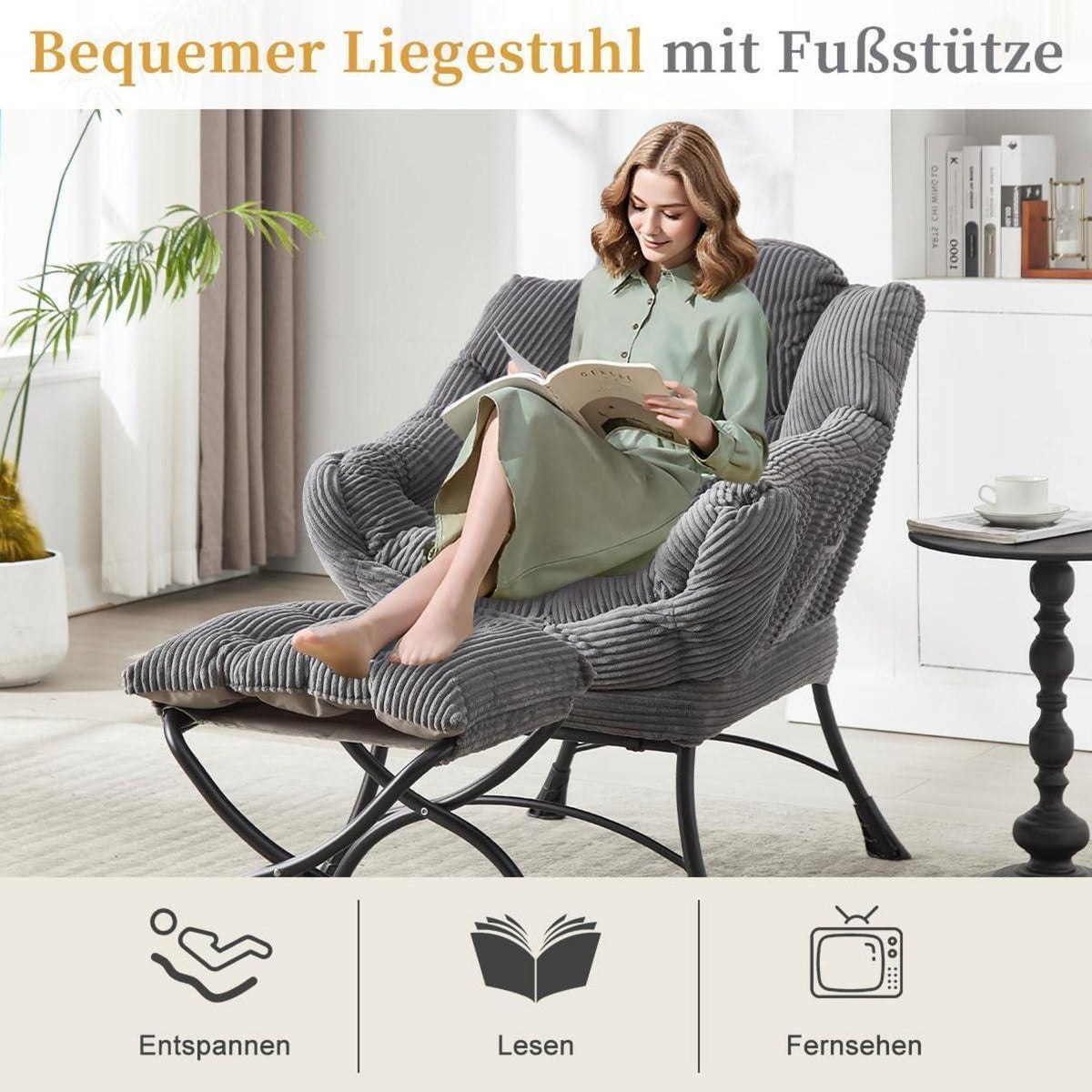 Moderner Ohrensessel mit Hocker & Seitentasche – Cord Grau