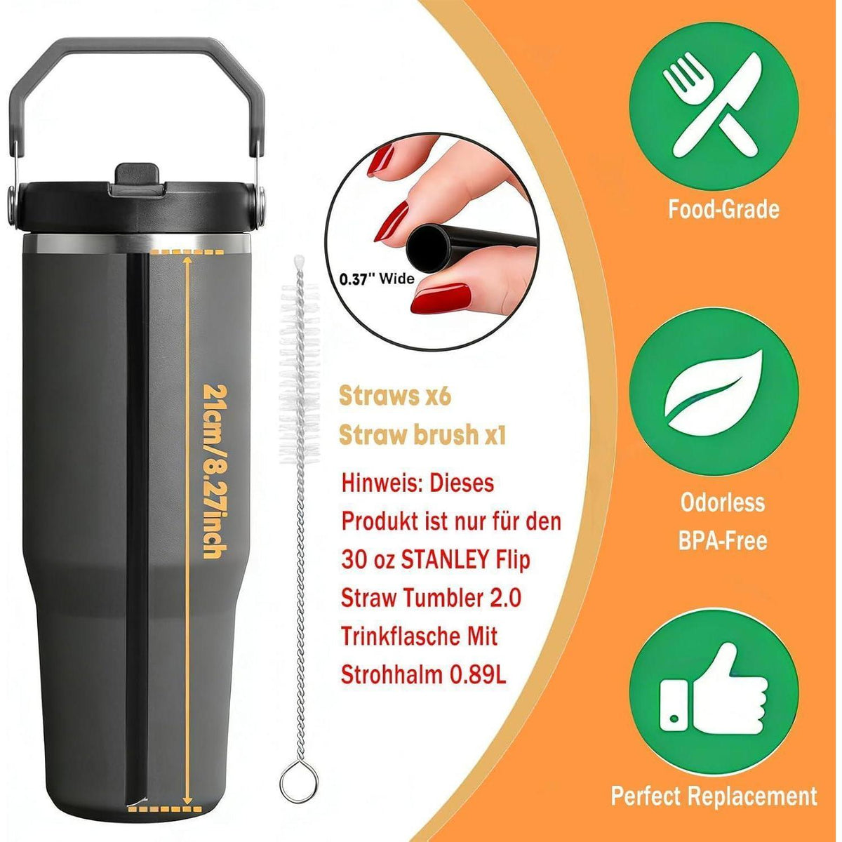 Wiederverwendbarer Strohhalm für Stanley Iceflow 2.0 (Schwarz)