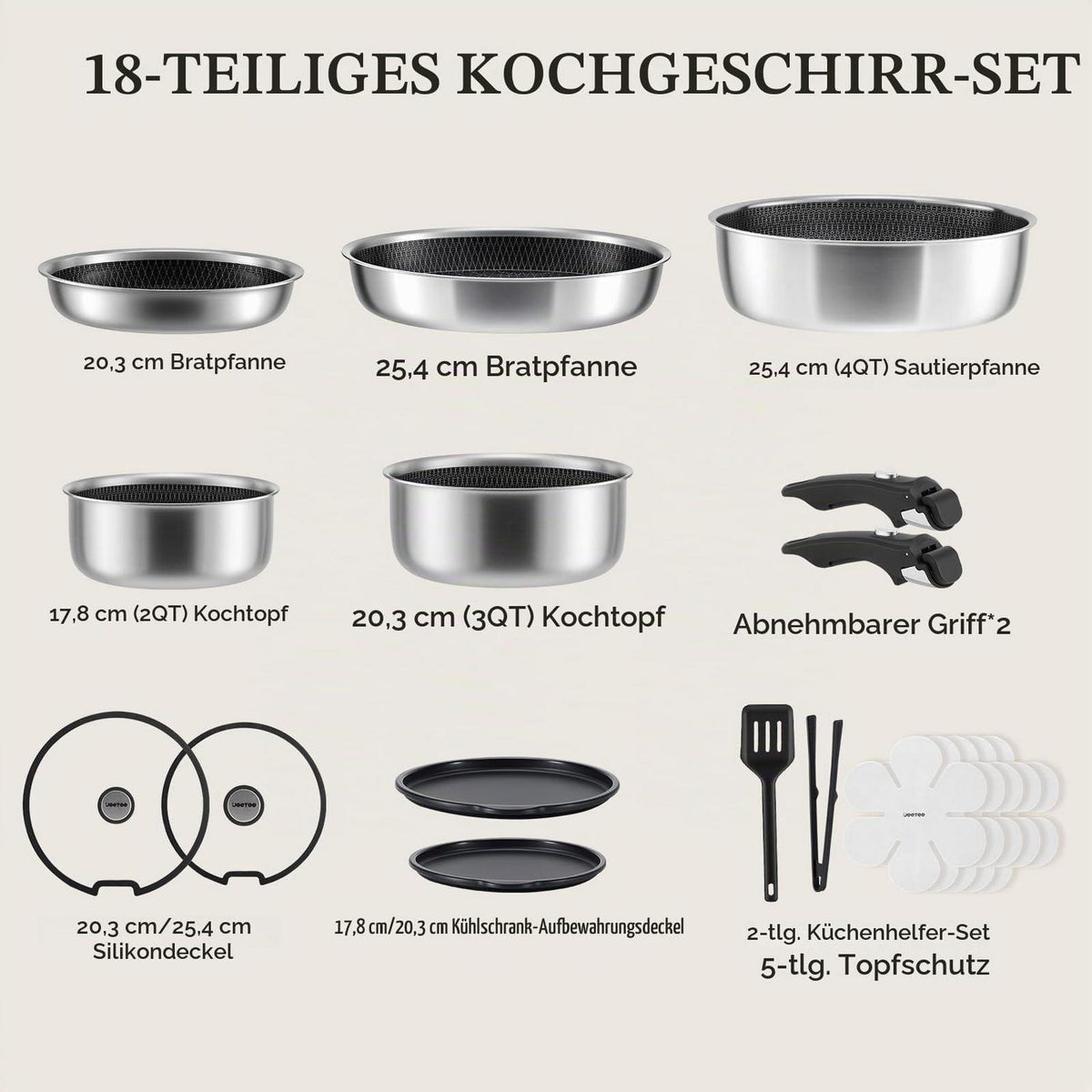Tri-Ply Edelstahl Topfset 18-teilig mit Antihaftbeschichtung