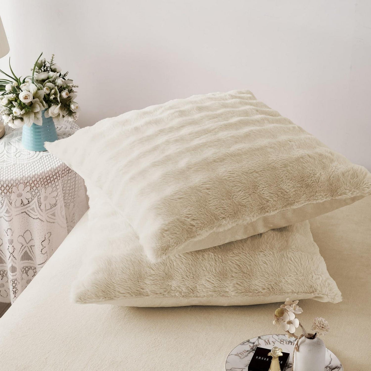 Langhaar Plüsch Bettwäsche Set 200x200 Beige, Winterwarm & Flauschig