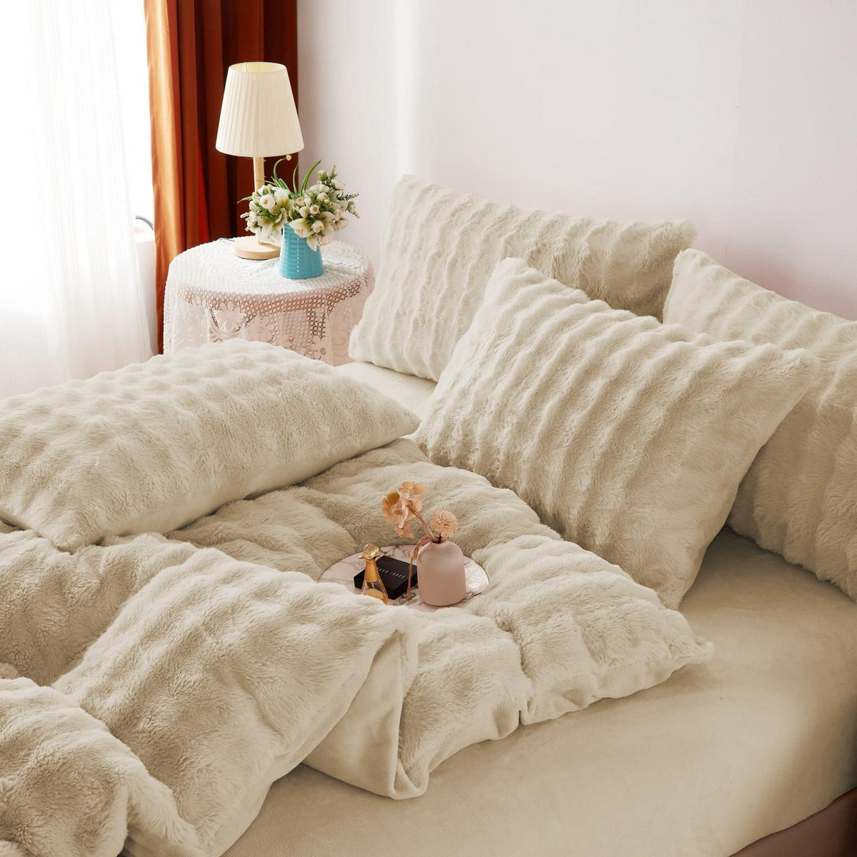 Langhaar Plüsch Bettwäsche Set 200x220 Beige, Superweich & Warm