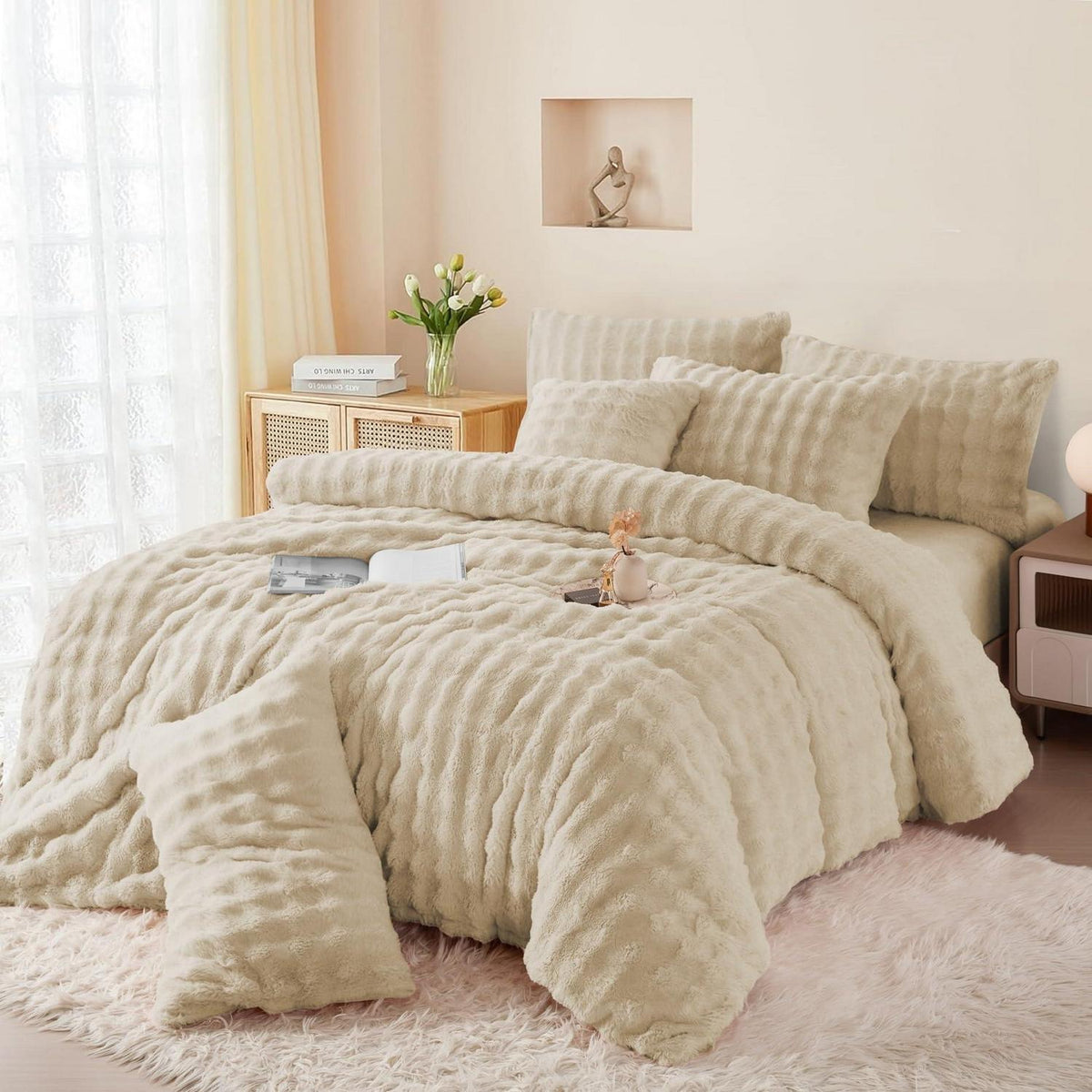 Langhaar Plüsch Bettwäsche Set 200x220 Beige, Superweich & Warm