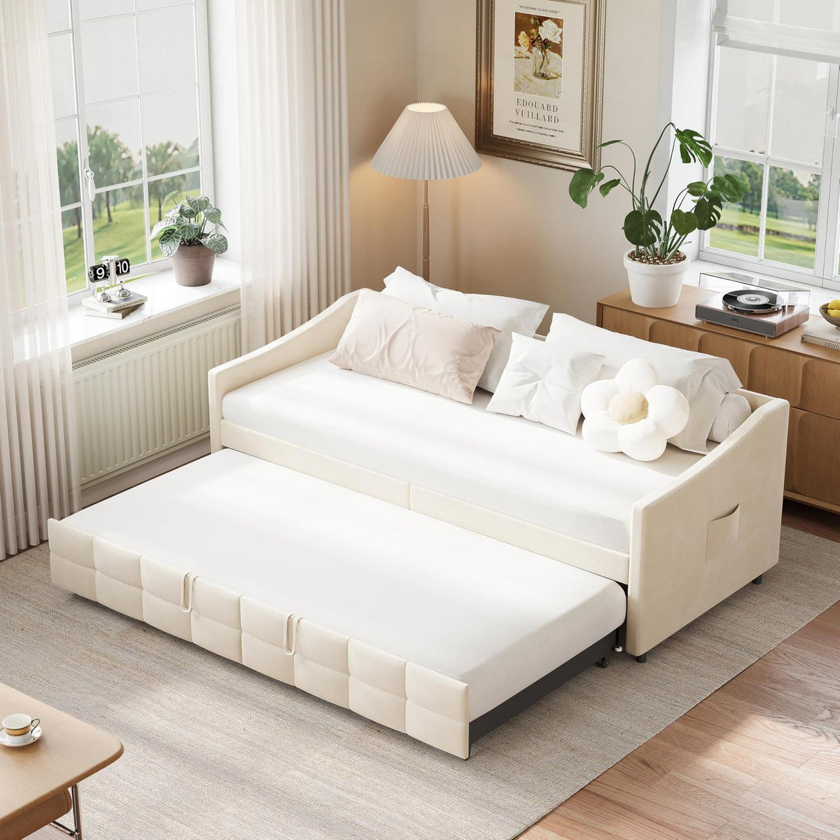 Ausziehbett 180x200 cm mit Seitentaschen & Flanellbezug (Creme)