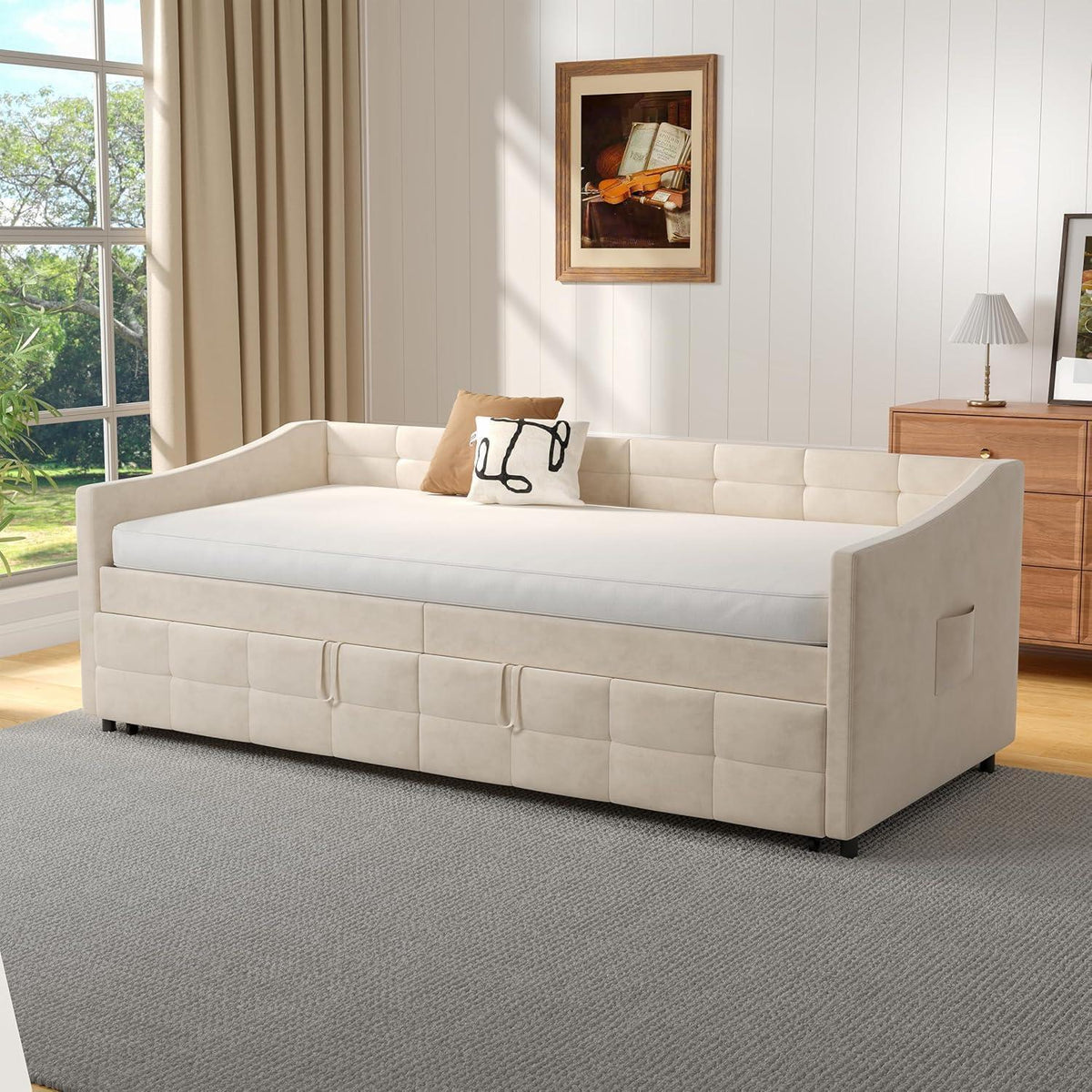 Ausziehbett 180x200 cm mit Seitentaschen & Flanellbezug (Creme)