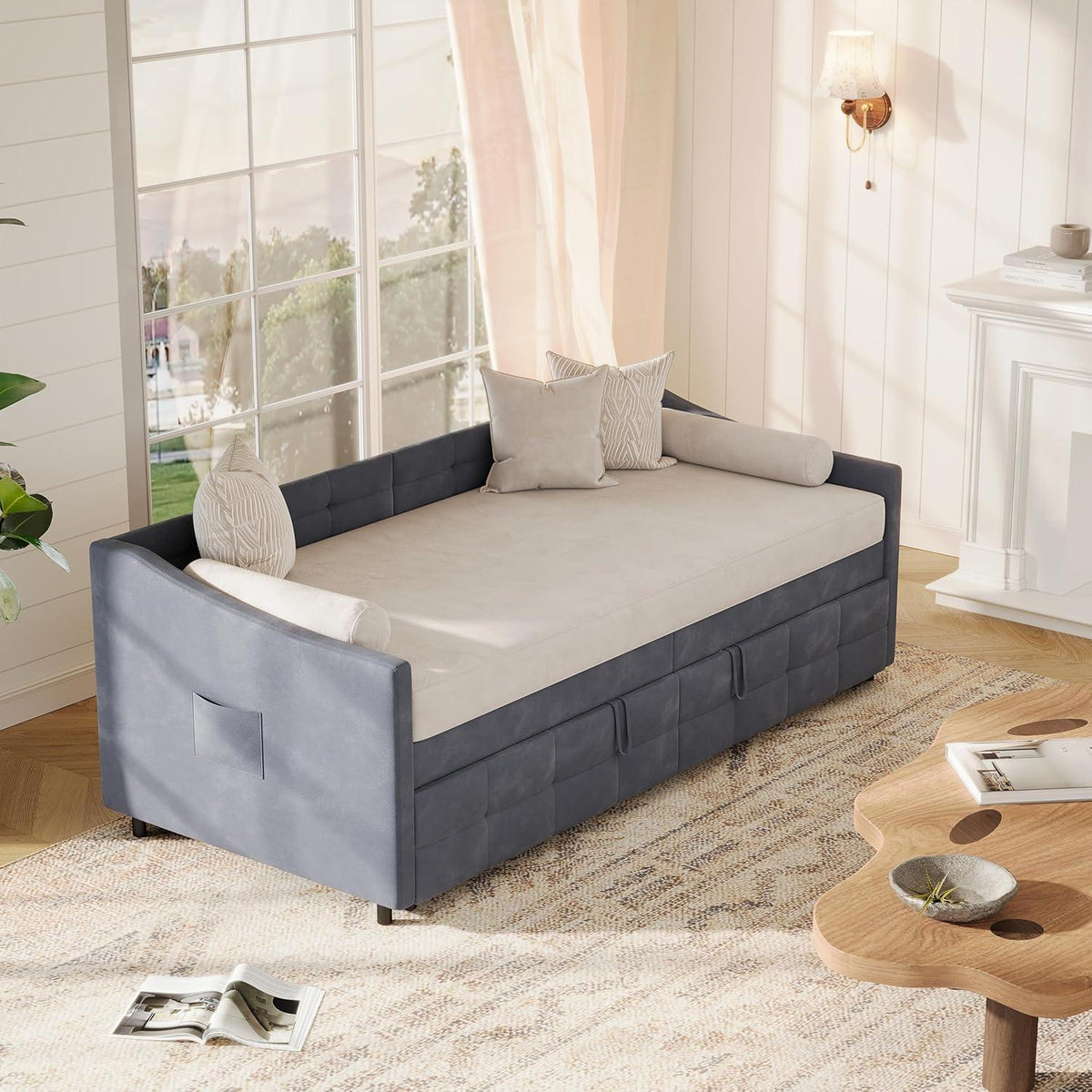 Ausziehbett 180x200 cm – Schlafcouch mit Flanell Grau
