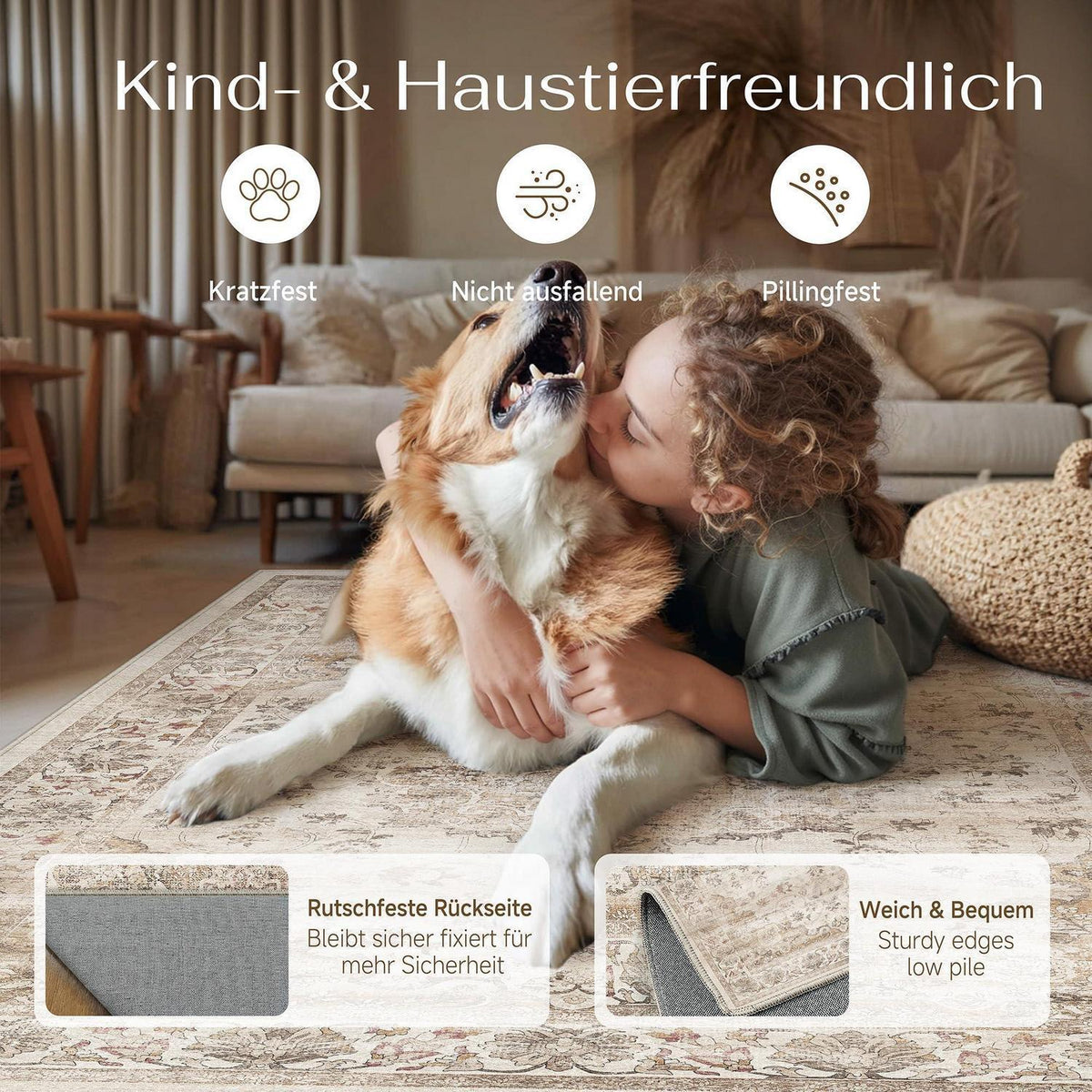 Waschbarer Vintage Teppich 200x300cm Beige Moon