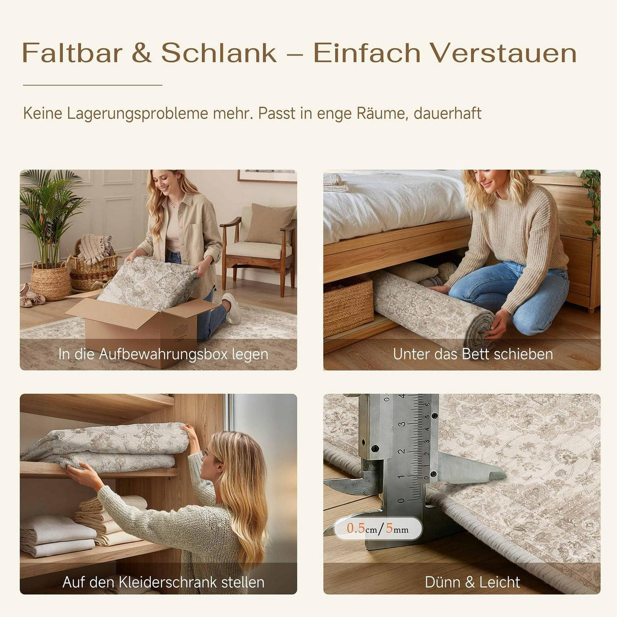 Beiger Wohnteppich 200x300cm – Waschbar & Vintage Kurzflor