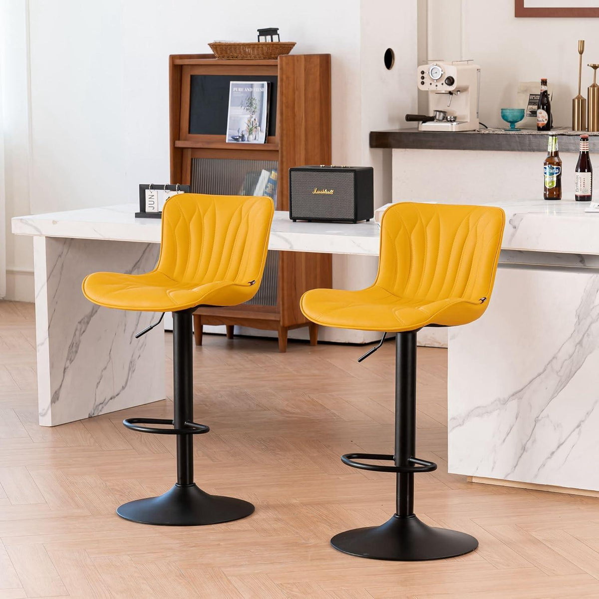 Drehbarer Barhocker 2er Set, Höhenverstellbar, Zitronengelb in Lederoptik