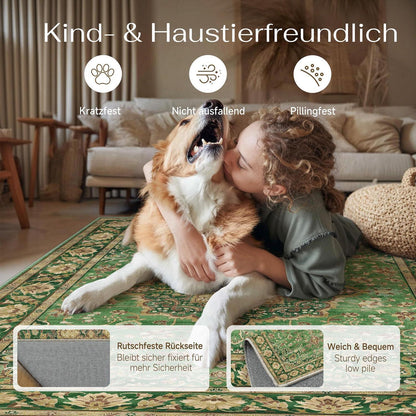 Waschbarer Teppich Grün Gold 200x300cm – Vintage Kurzflor