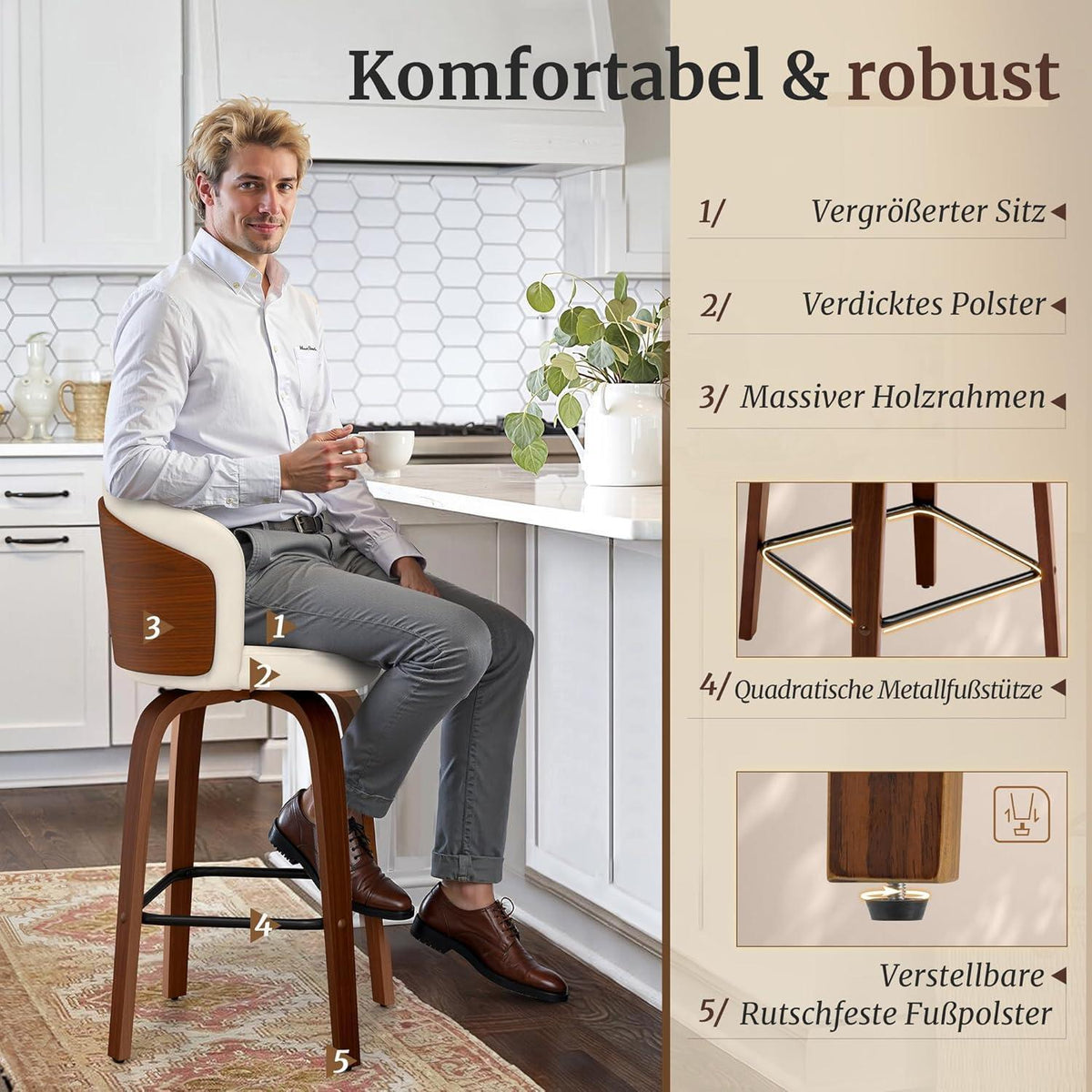 360° Drehbarer Barhocker mit Lehne – Weiß