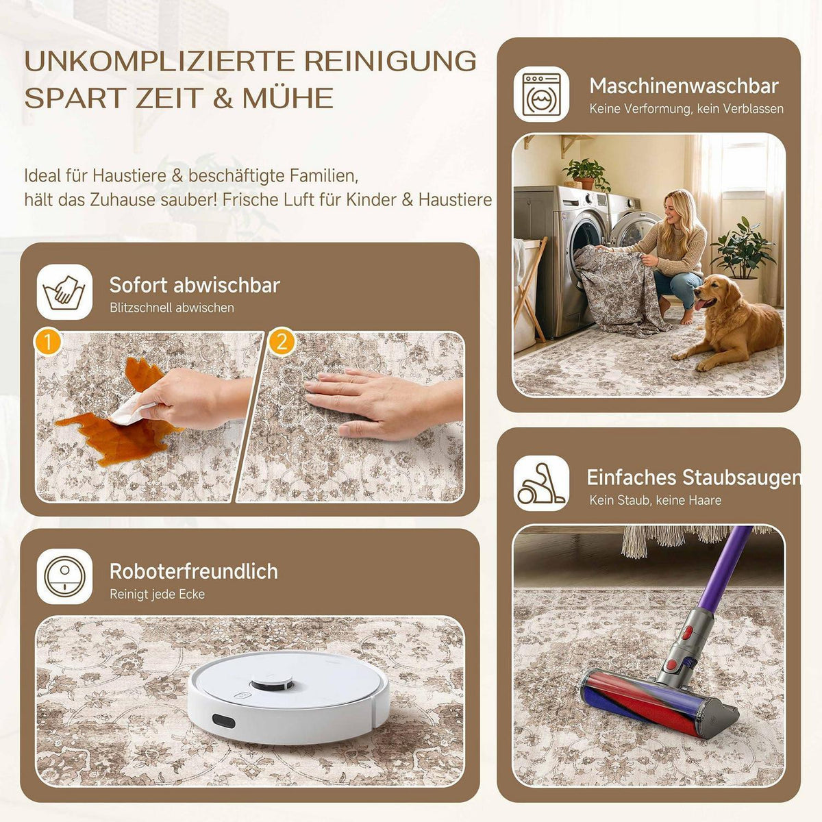 Braun Wohnteppich 200x300cm – Waschbar & Rutschfest