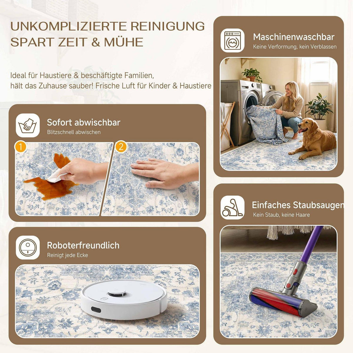 Blauer Wohnzimmerteppich 160x230cm – Waschbar & Rutschfest