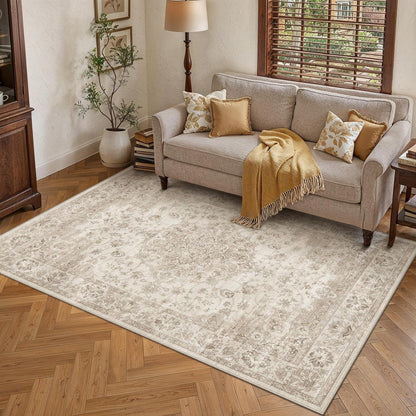 Beiger Wohnteppich 160x230cm – Waschbar & Vintage Kurzflor