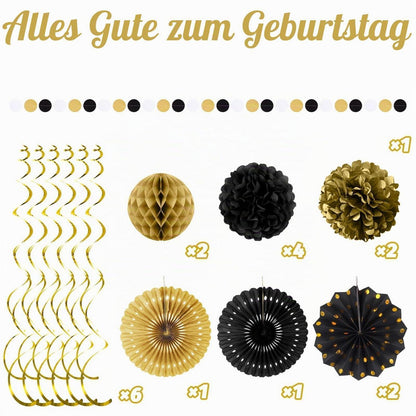 Geburtstagsdeko Set Schwarz Gold – 20 Teile Party Deko