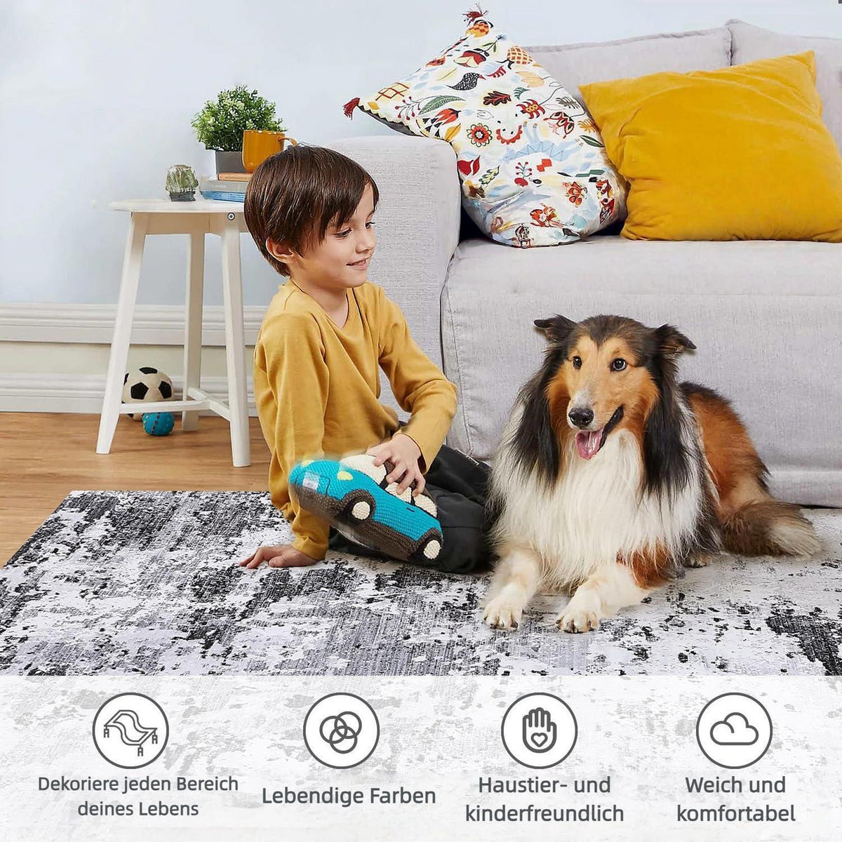 Abstrakter Teppich Grau Weiß 240x340cm – Waschbar & Rutschfest
