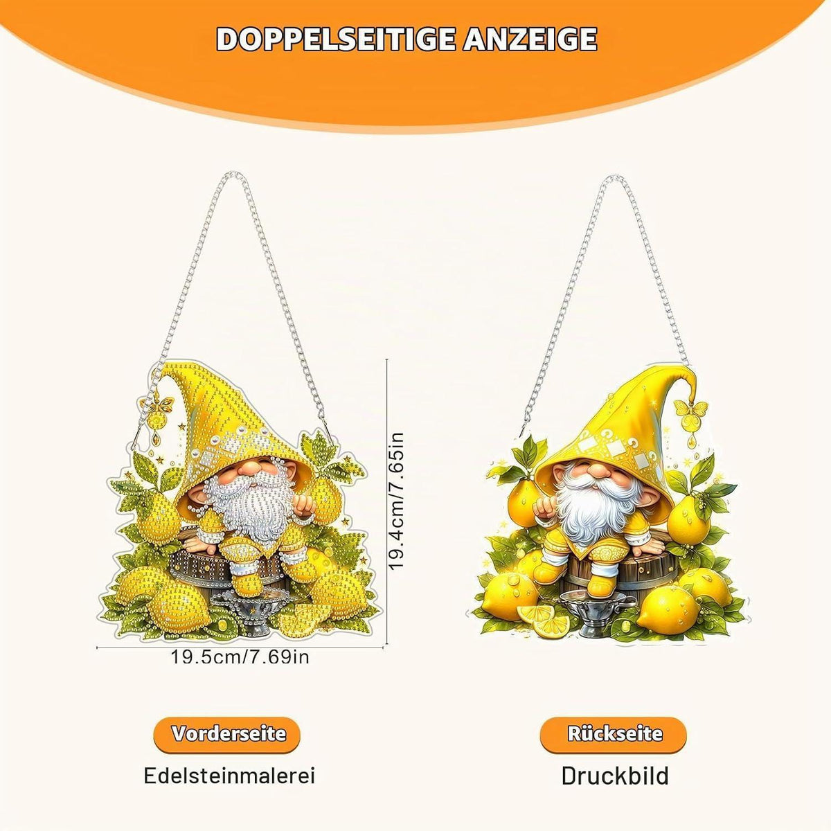 Diamant Painting Anhänger Zwerg mit Zitrone – Bastelset Geschenk