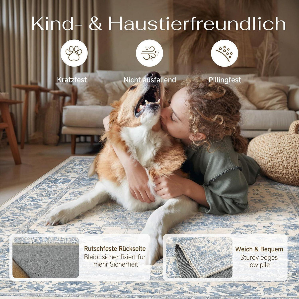 Blauer Wohnzimmerteppich 300x400cm – Waschbar & Rutschfest