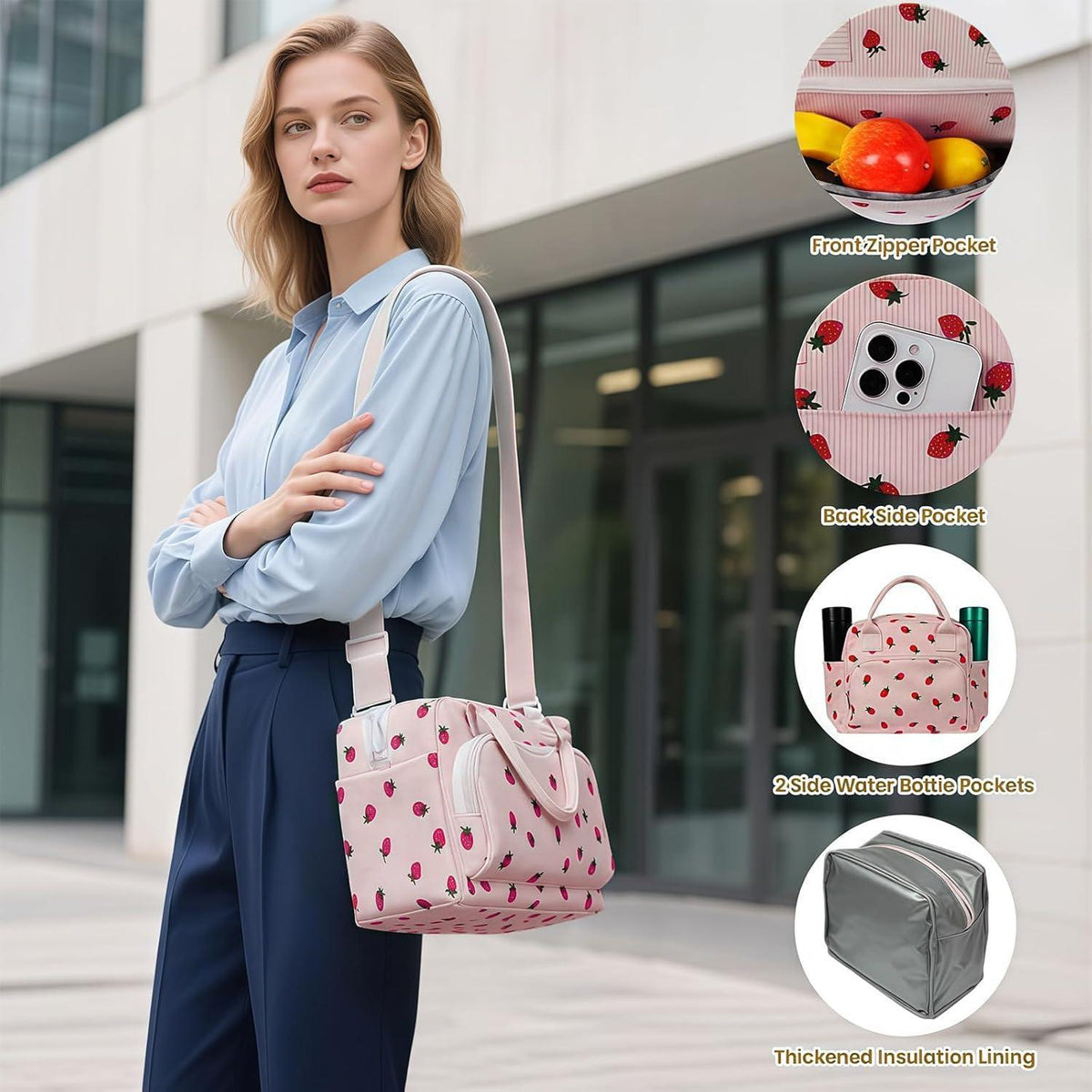 Isolierte Kühltasche Rosa-Erdbeere | Lunchbox für Arbeit & Picknick