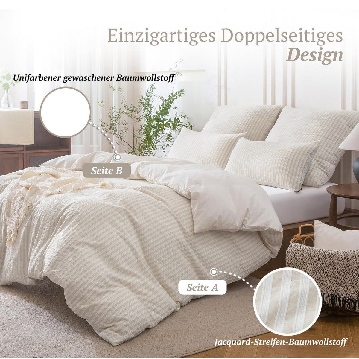 Bettwäsche-Set 135x200 Baumwolle Gestreift Beige & Grau 4tlg.