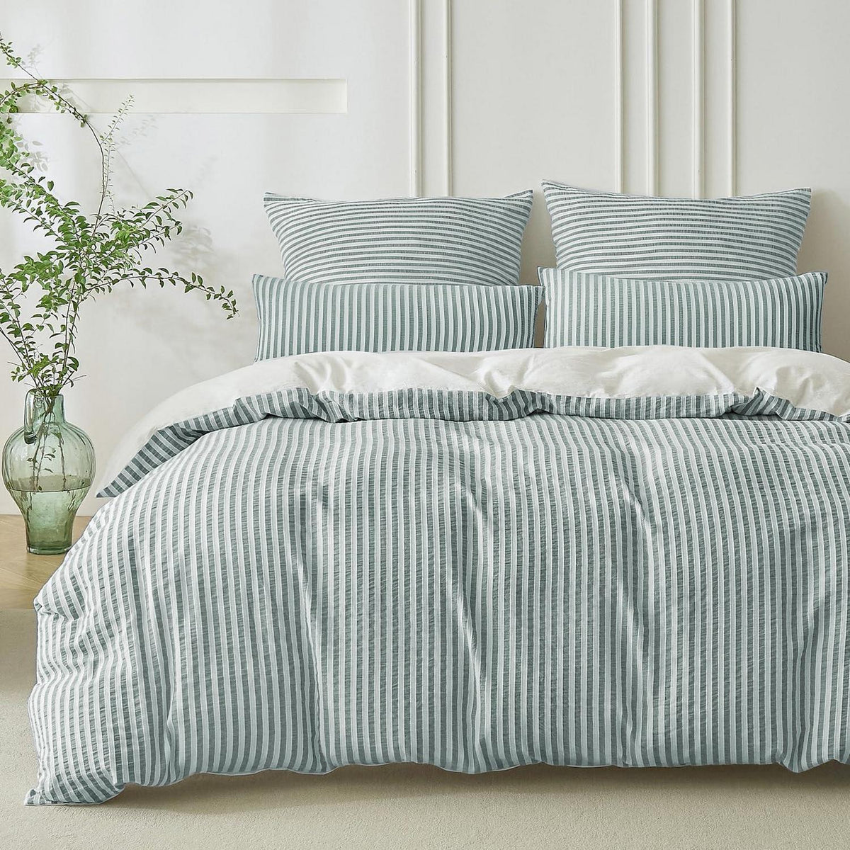 Bettwäsche-Set 135x200 Baumwolle Gestreift Dunkelgrün & Weiß 4tlg.