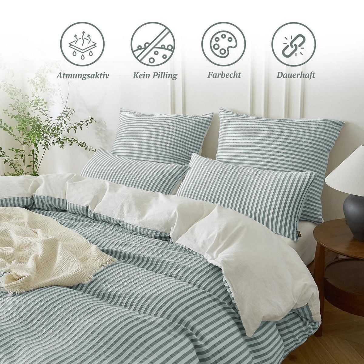 Bettwäsche-Set 135x200 Baumwolle Gestreift Dunkelgrün & Weiß 4tlg.