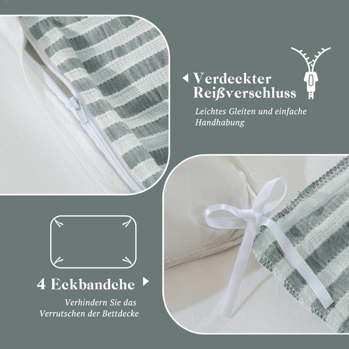 Bettwäsche-Set 135x200 Baumwolle Gestreift Dunkelgrün & Weiß 4tlg.