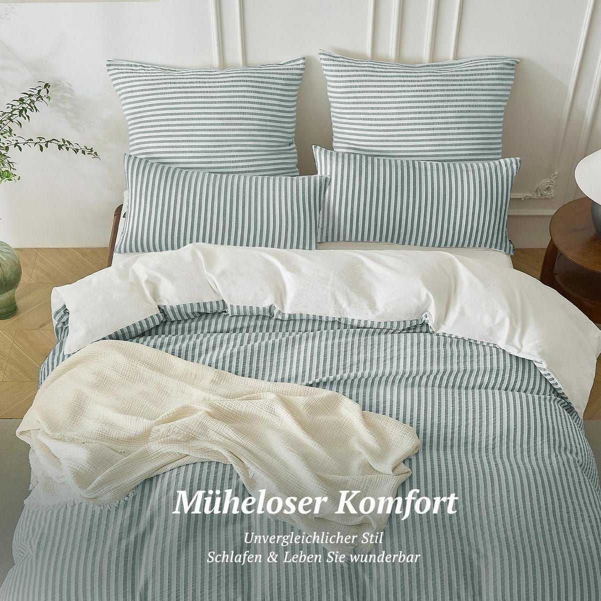 Bettwäsche-Set 135x200 Baumwolle Gestreift Dunkelgrün & Weiß 4tlg.