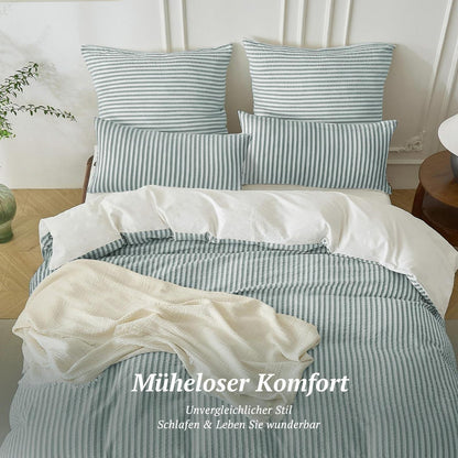 Bettwäsche-Set 135x200 Baumwolle Gestreift Dunkelgrün & Weiß 4tlg.