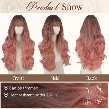 Welliges, langes Pony Perücke Blond Rosa, 60cm, Hitzebeständig